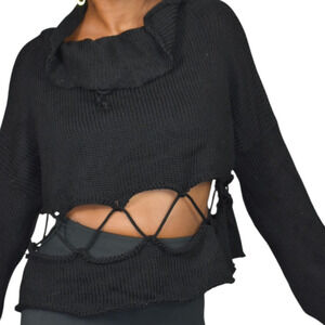 Manuelle Guibal Sweater Black Knit Cropped Cutout Lace Up Long Sleeve Boxy Large